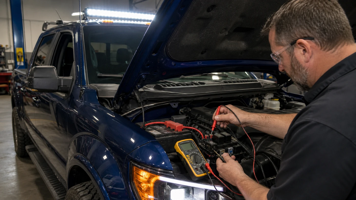 Technician measuring voltage drop at an auxiliary-light relay and fuse block on a Ford F-150 in a workshop
