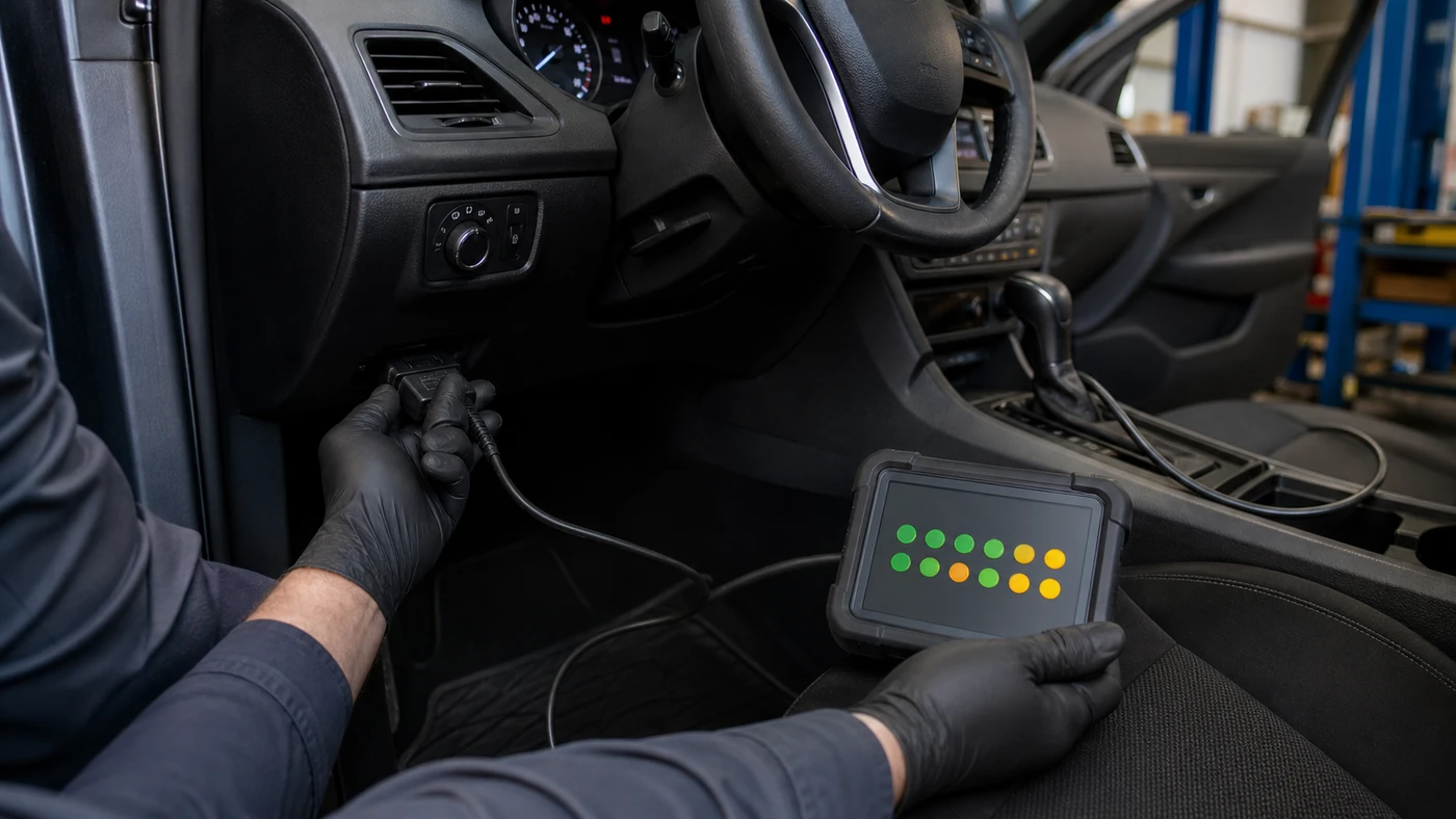 Technician connecting one scan tool to the OBD-II port and recording the readiness-status pattern after battery service