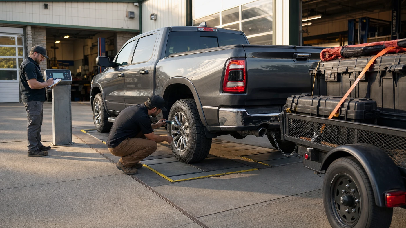 Ram 1500 and utility trailer positioned on a segmented vehicle scale while a technician checks the rear tire