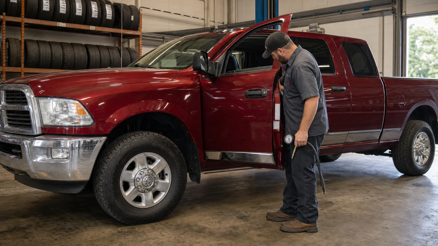 Tire technician checking the front tire, wheel and door placard of a red Ram 2500 in a workshop